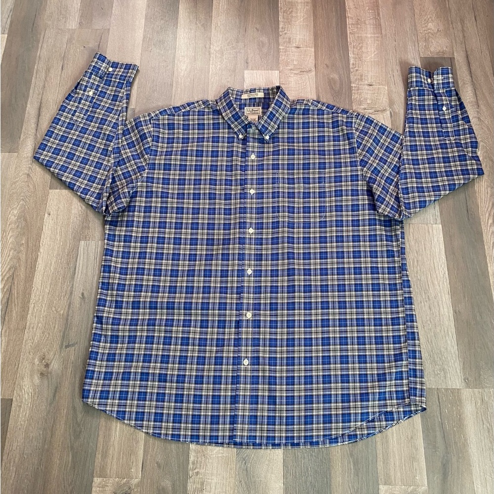 LL Bean Scotch Plaid Shirt Mens XXLarge Reg Blue Wrinkle Free Traditional Fit